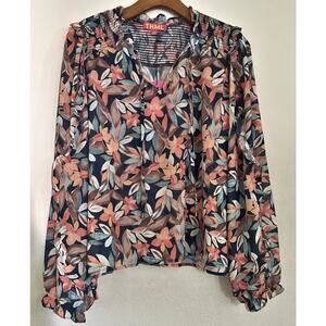 THML Tunic Top Women M Black Brown Floral Balloon Sleeve Smocked Ruffled Cottage
